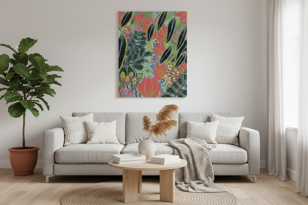 Electric Eden botanical art print displayed in a bright living room above a sofa, 70x50cm