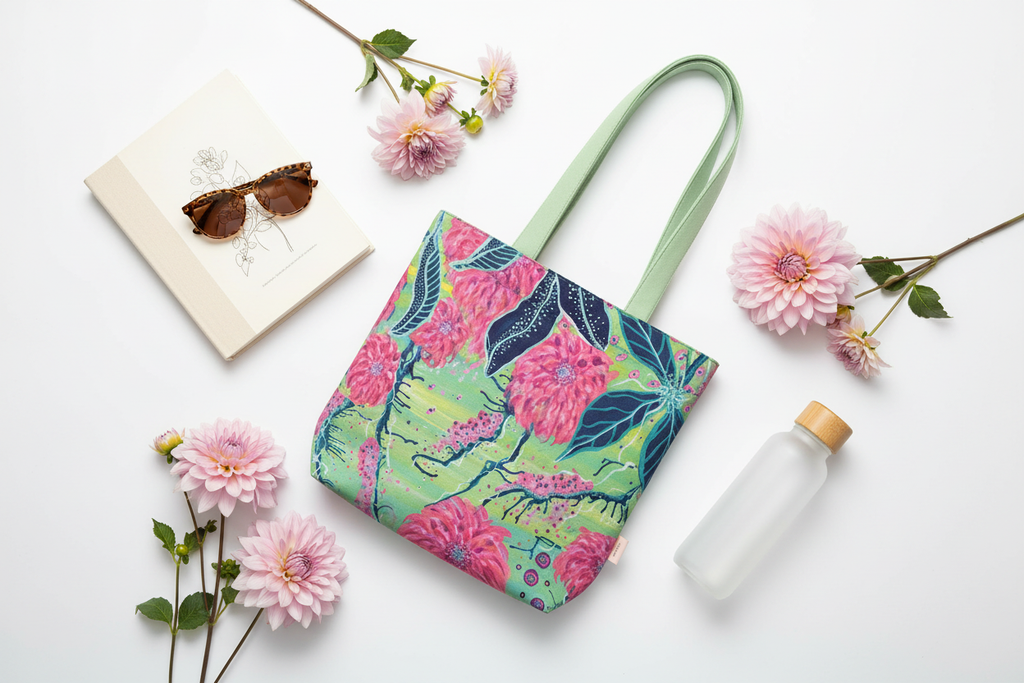 Elegant flat lay with Radiant Dahlia tote and accessories