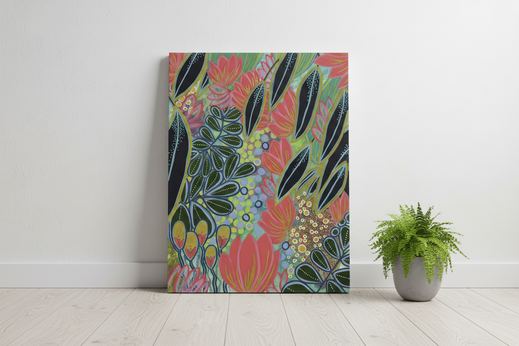 Electric Eden botanical art print leaning against a white wall on a wooden floor, 70x50cm