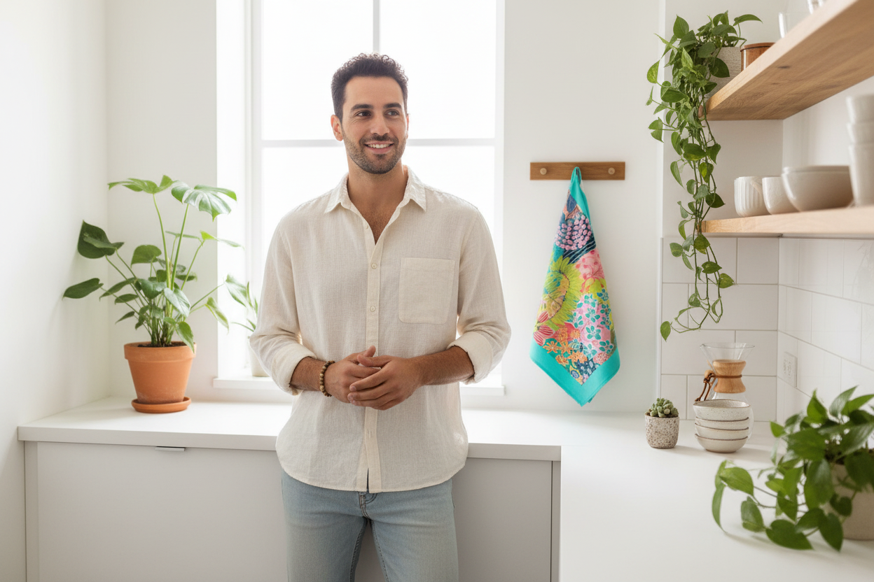Young Middle Eastern man in kitchen with Summer Awakening tea towel