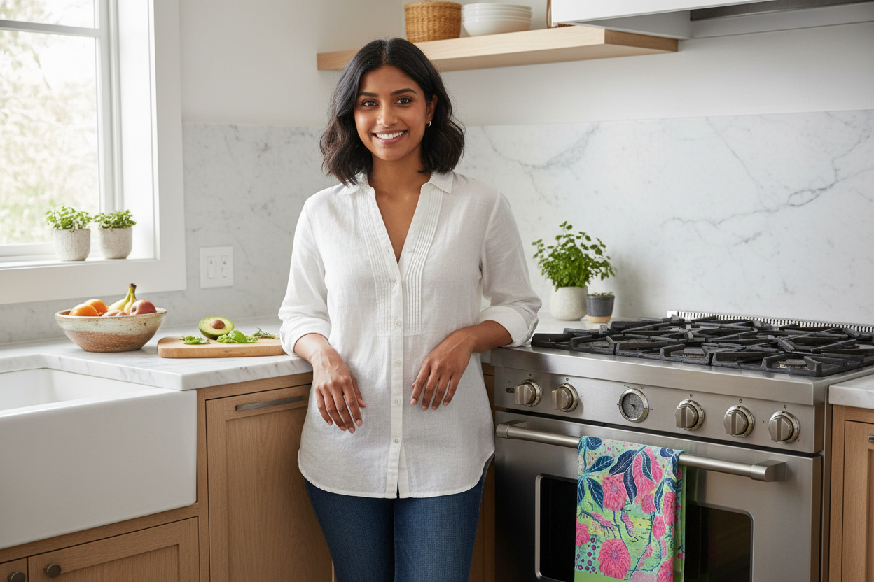 Young South Asian woman in kitchen with Radiant Dahlia tea towel