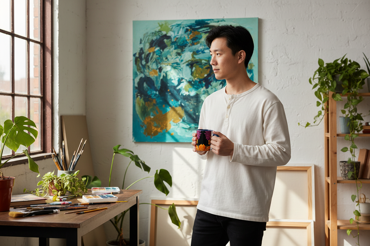 Young East Asian man in creative studio with Ember Bloom mug
