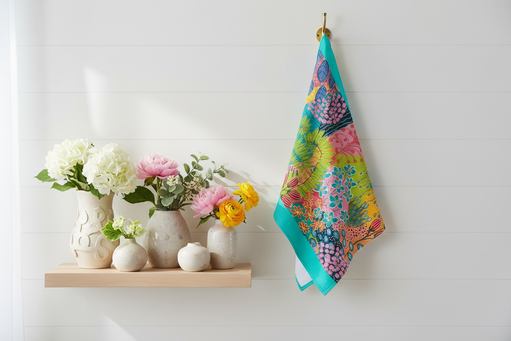 Summer Awakening tea towel displayed as kitchen wall art