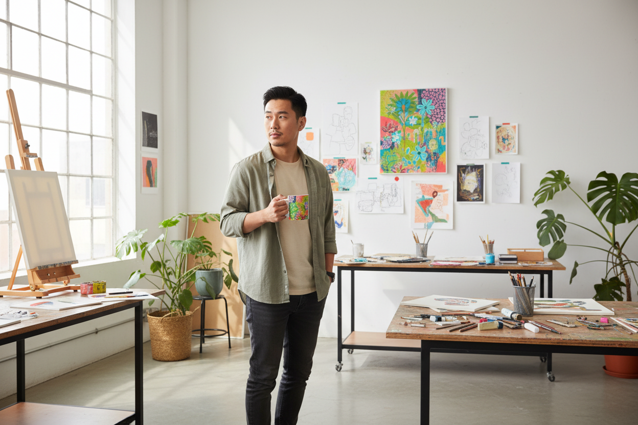 Young East Asian man in creative studio with Summer Awakening mug
