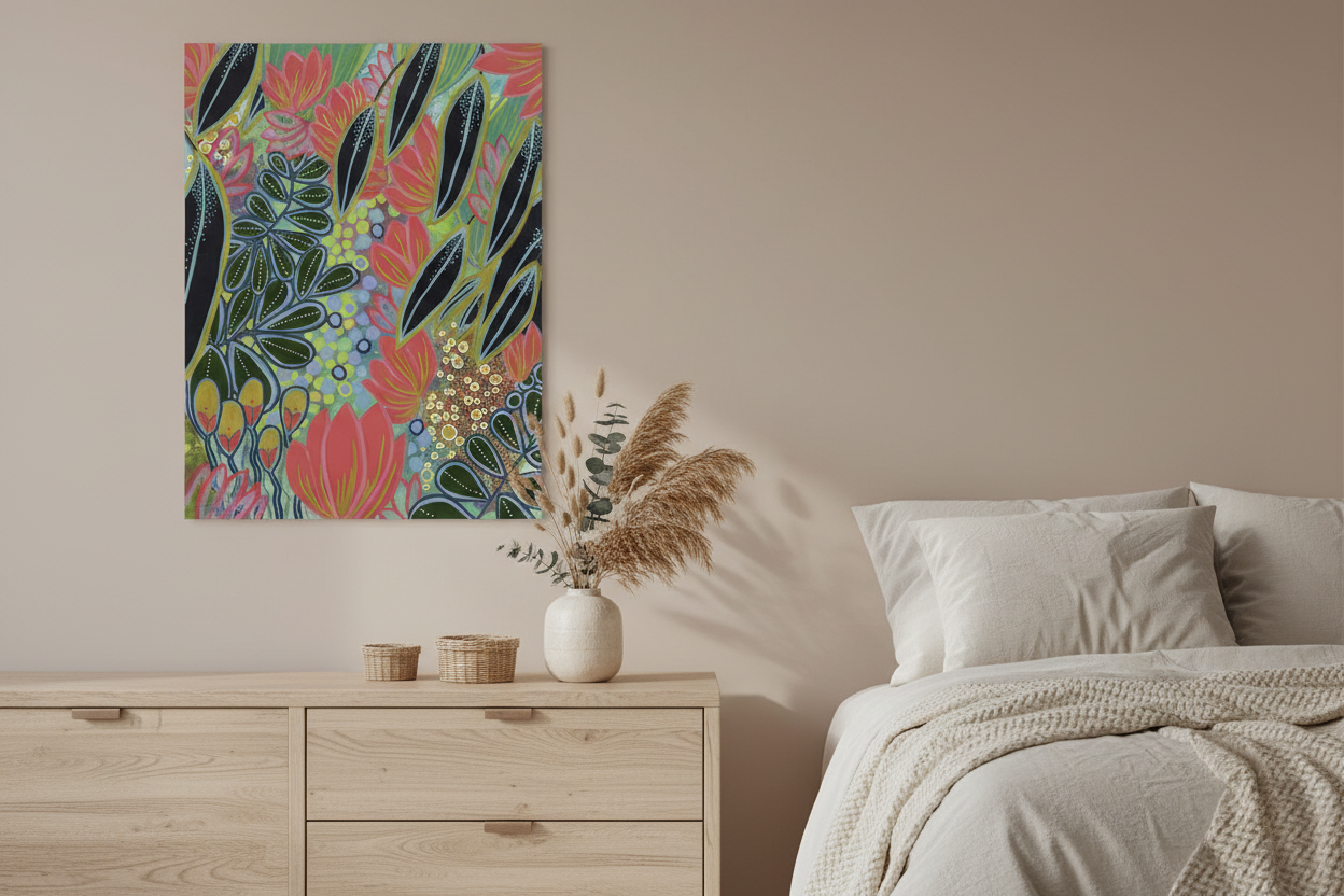 Electric Eden botanical art print above a bedroom dresser, 70x50cm