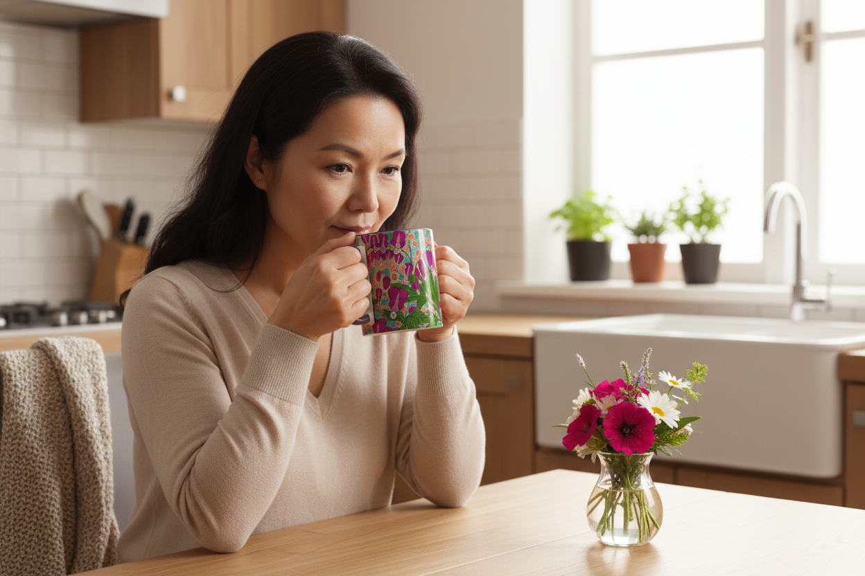 Middle-aged Asian woman enjoying morning coffee in Bleeding Hearts mug
