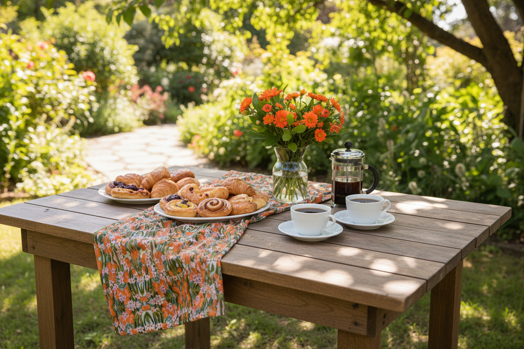 Outdoor brunch scene with Orange Blossom geometric tea towel