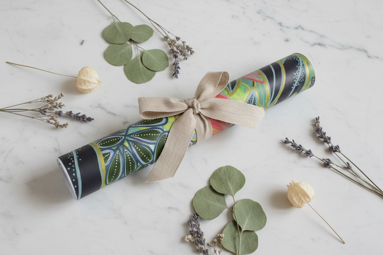 Electric Eden botanical art print gift styling with linen ribbon and dried botanicals