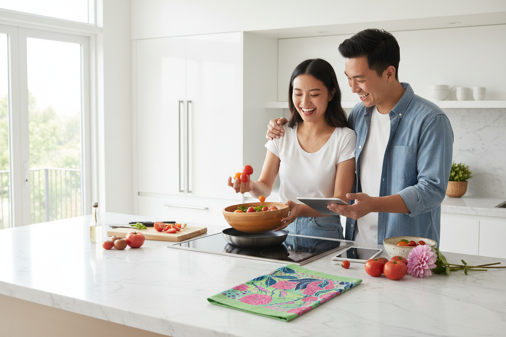 Young East Asian couple cooking with Radiant Dahlia tea towel