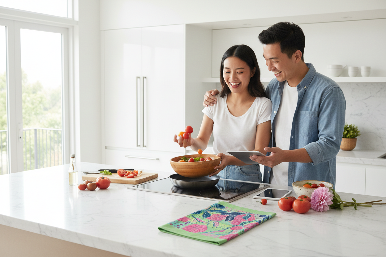 Young East Asian couple cooking with Radiant Dahlia tea towel
