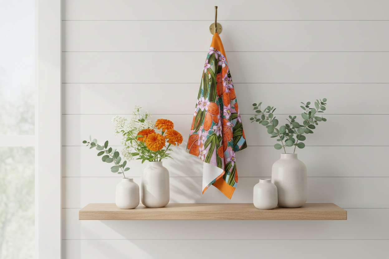 Orange Blossom tea towel displayed as kitchen wall art