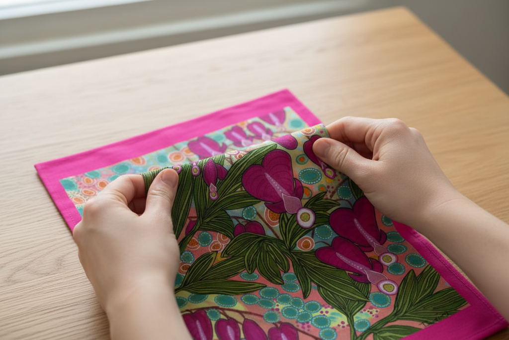 Close-up of hands folding Bleeding Hearts tea towel
