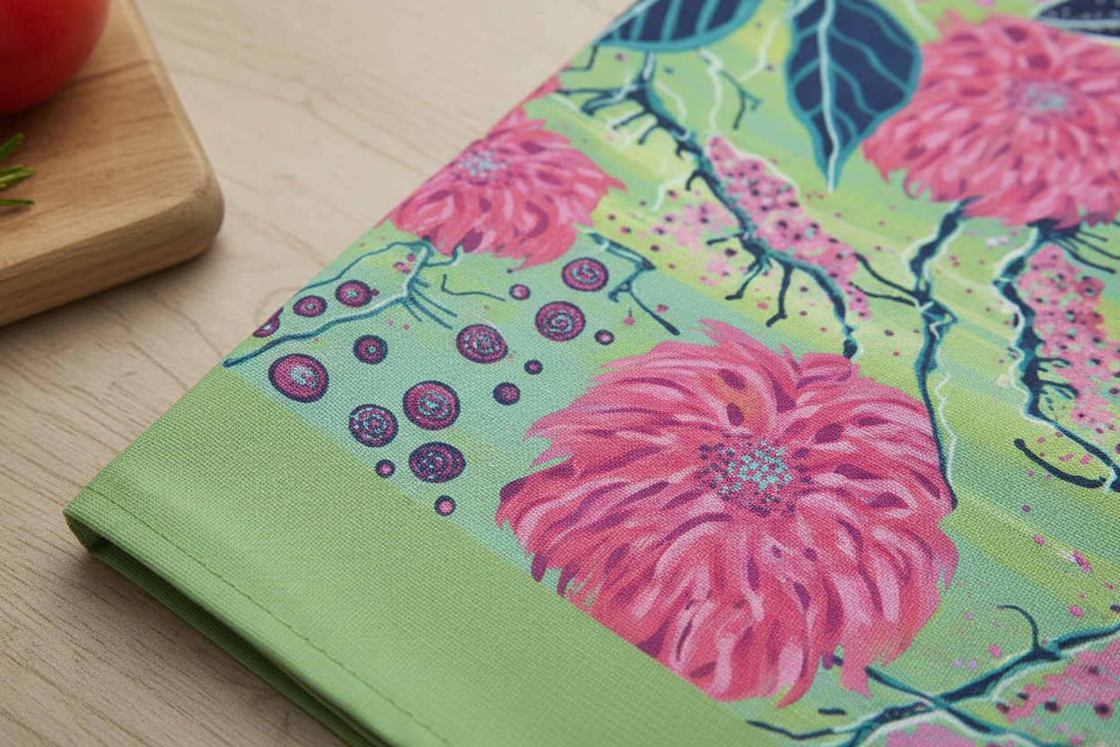 Close-up corner detail of Radiant Dahlia tea towel
