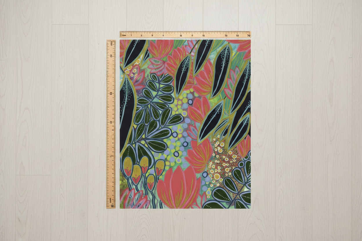 Electric Eden art print size reference with ruler showing 70x50cm dimensions