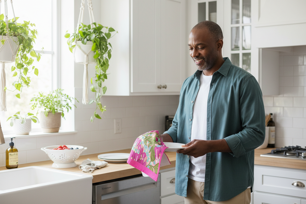 Middle-aged Black man using Bleeding Hearts tea towel