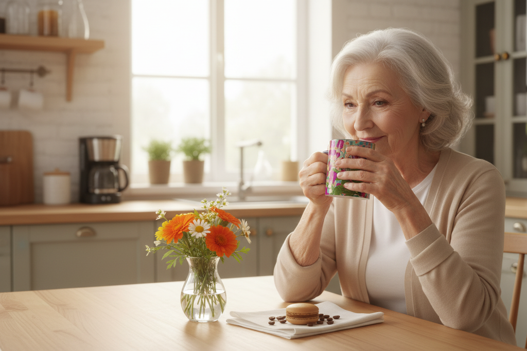 Elderly white woman enjoying morning coffee in Orange Blossom mug