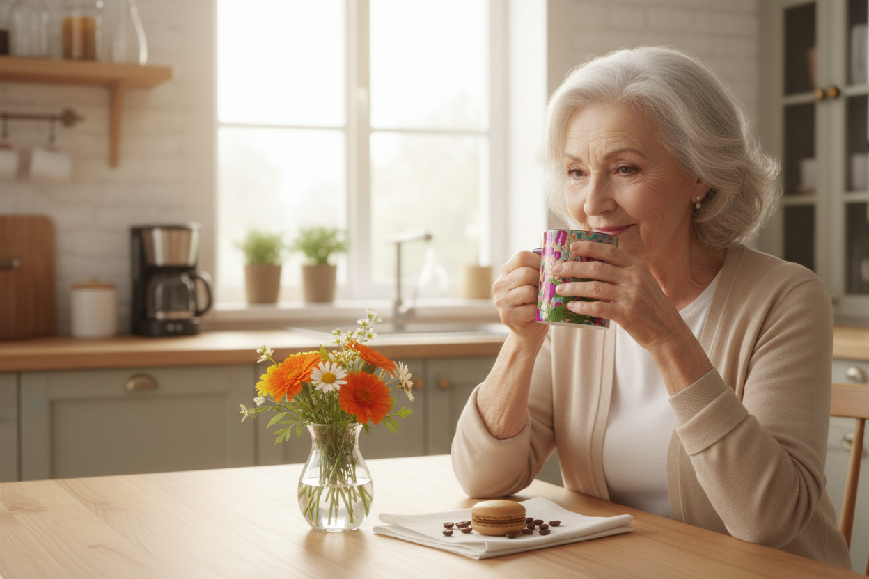 Elderly white woman enjoying morning coffee in Orange Blossom mug
