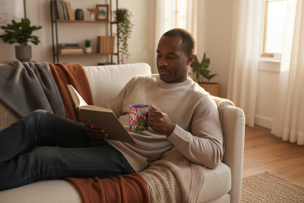 Middle-aged Black man relaxing with tea in Orange Blossom mug
