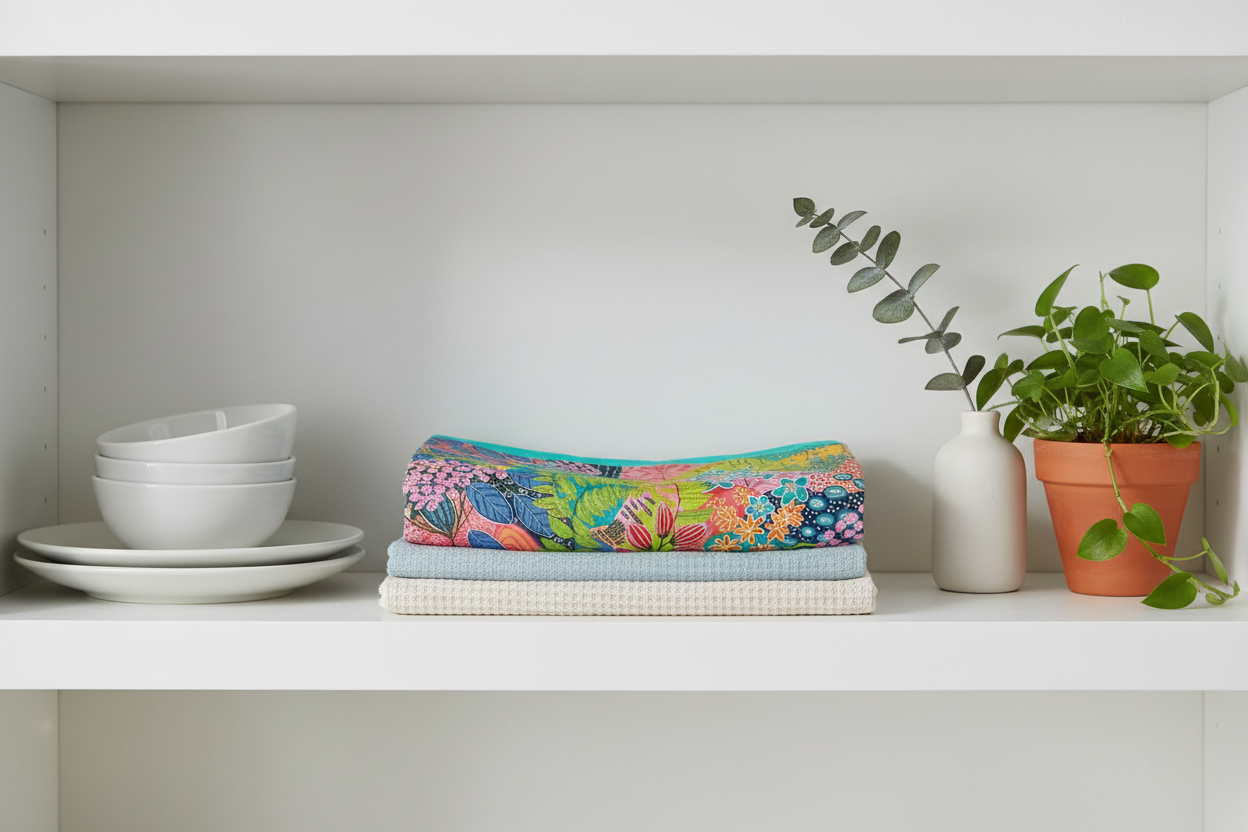 Kitchen shelf display with Summer Awakening tea towel