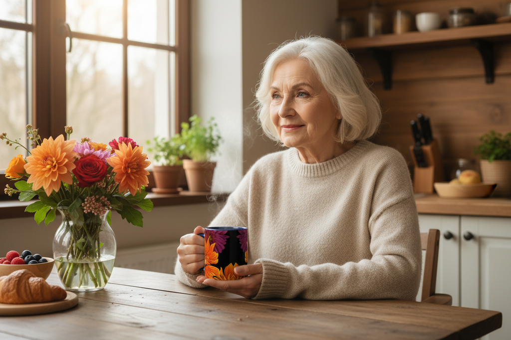 Elderly white woman enjoying morning coffee in Ember Bloom mug