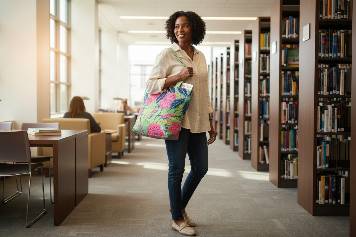 Middle-aged Black woman with Radiant Dahlia tote at library