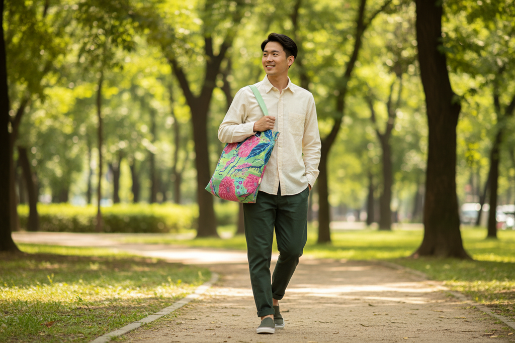 Young East Asian man carrying Radiant Dahlia tote in park