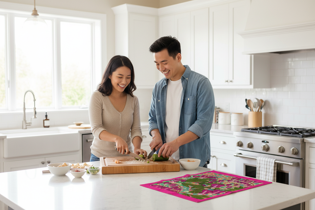 Young East Asian couple cooking with Bleeding Hearts tea towel