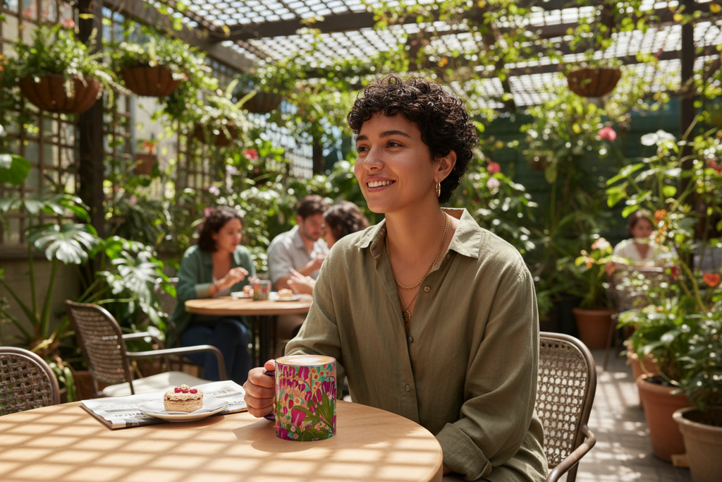 Hispanic non-binary person at outdoor cafe with Bleeding Hearts mug