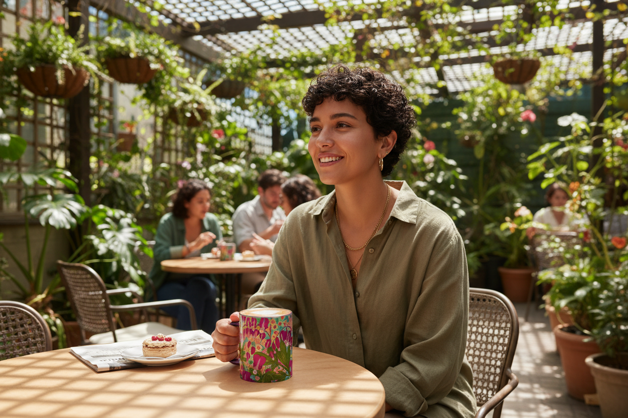 Hispanic non-binary person at outdoor cafe with Bleeding Hearts mug