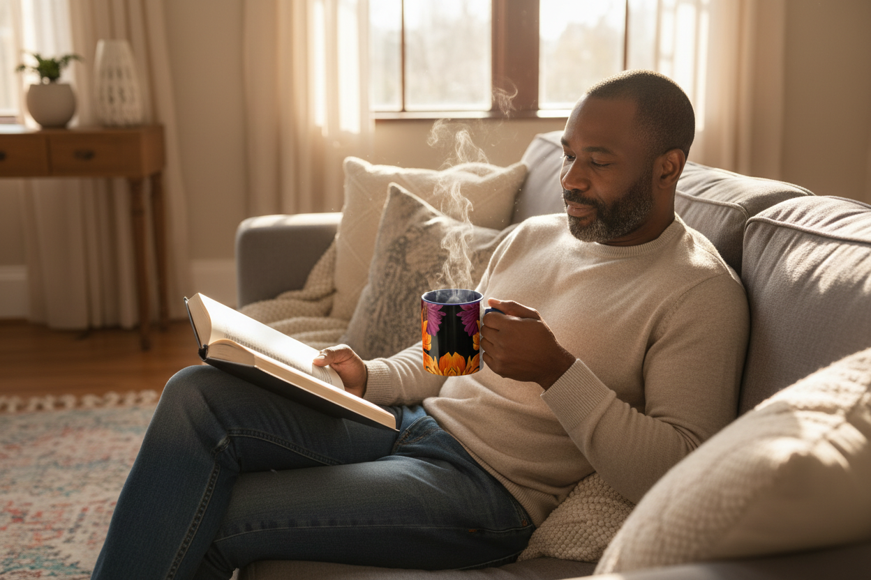 Middle-aged Black man relaxing with tea in Ember Bloom mug
