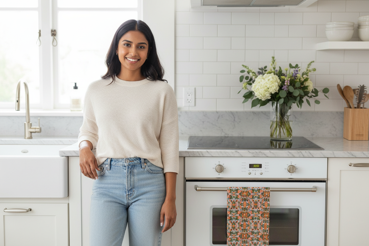 Young South Asian woman in kitchen with Orange Blossom geometric tea towel