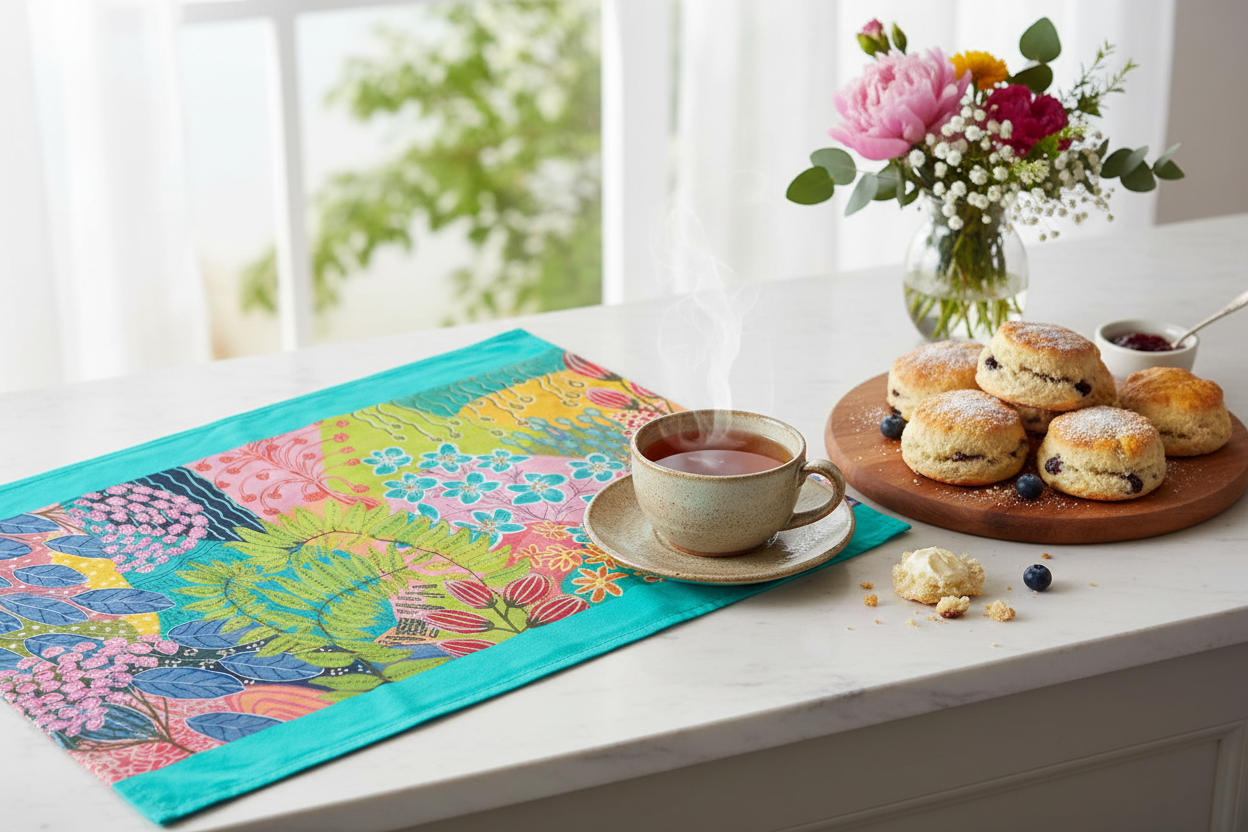 Kitchen countertop scene with Summer Awakening tea towel and baked goods