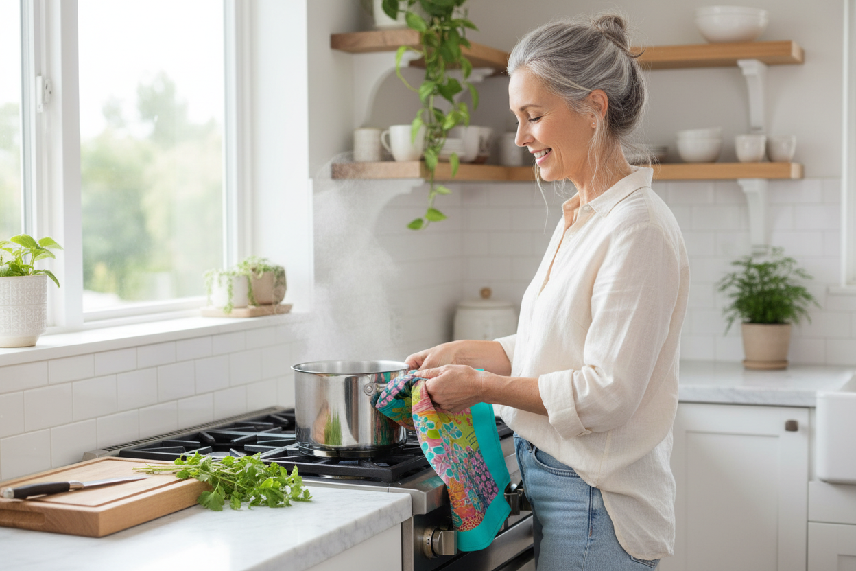Middle-aged woman using Summer Awakening tea towel with hot pot