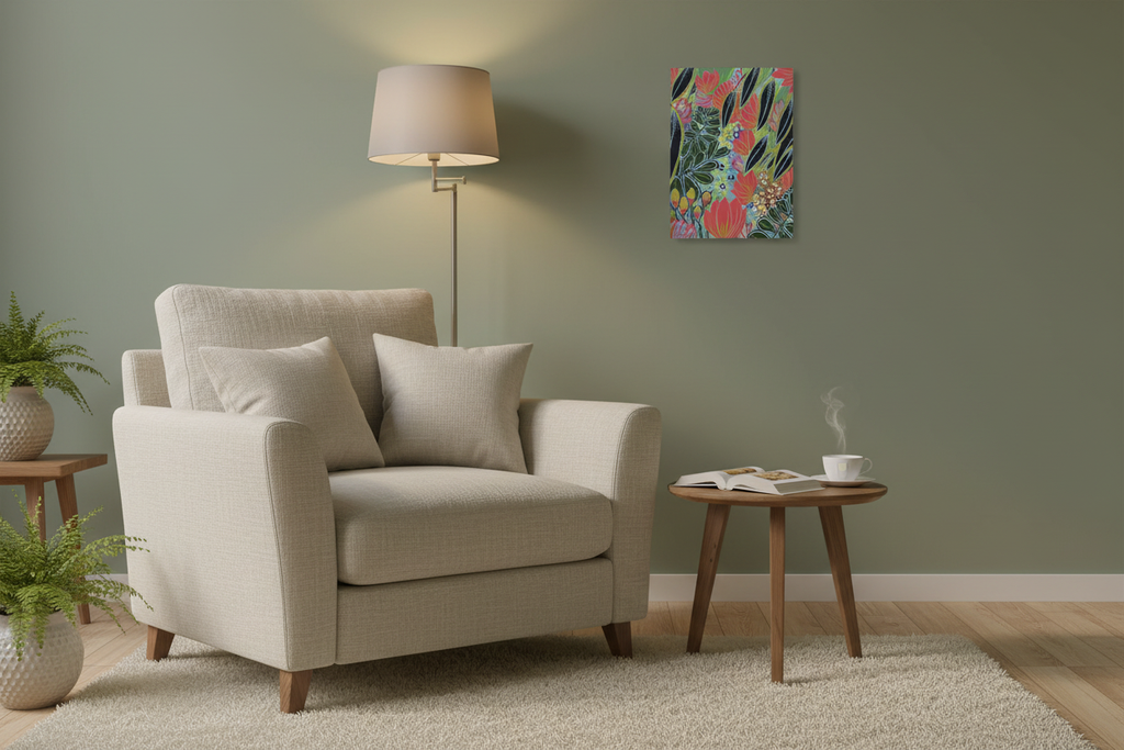 Electric Eden botanical art print 56x40cm displayed in a cosy reading nook