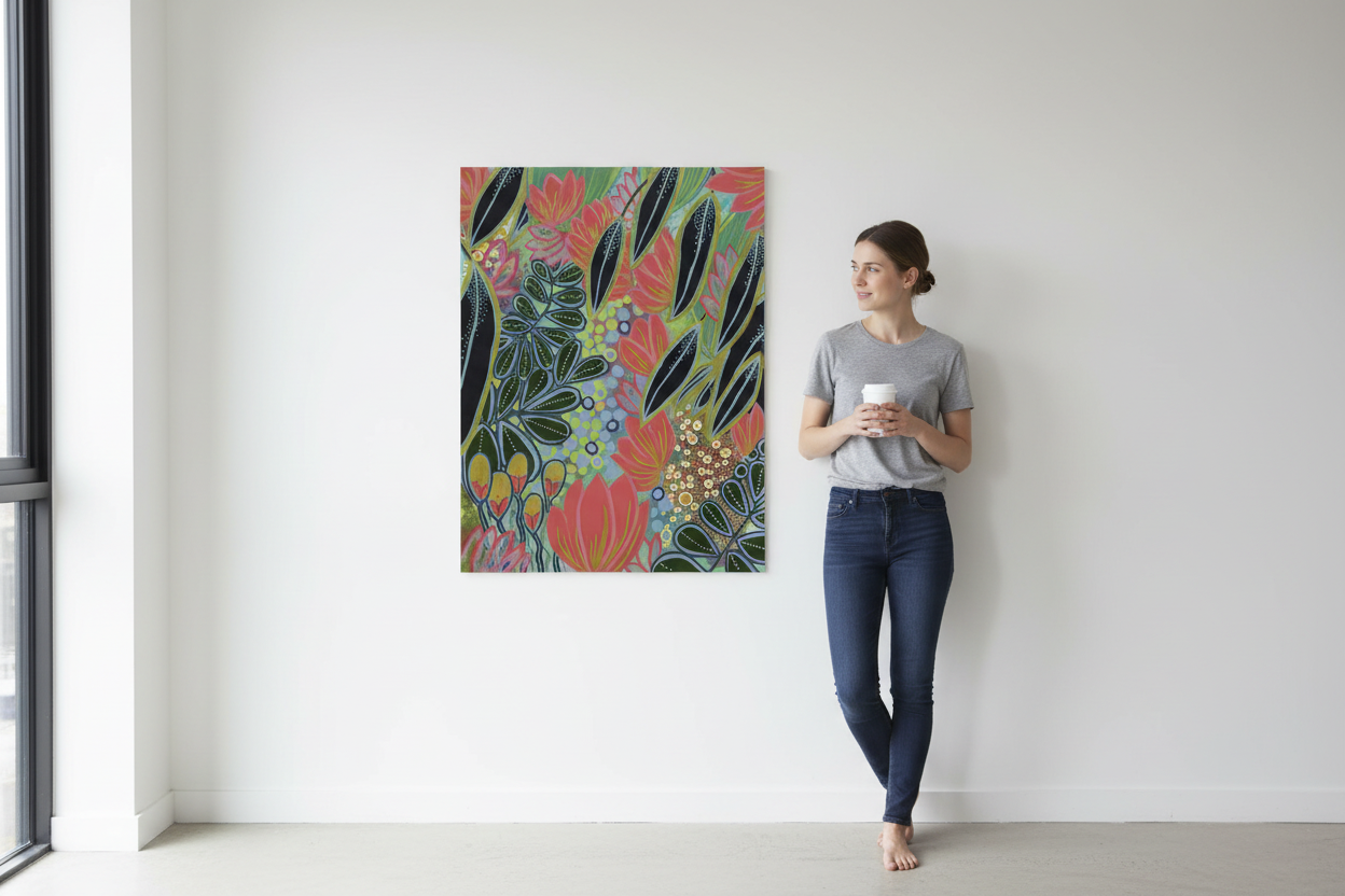 Electric Eden botanical art print scale reference with person, showing 70x50cm size