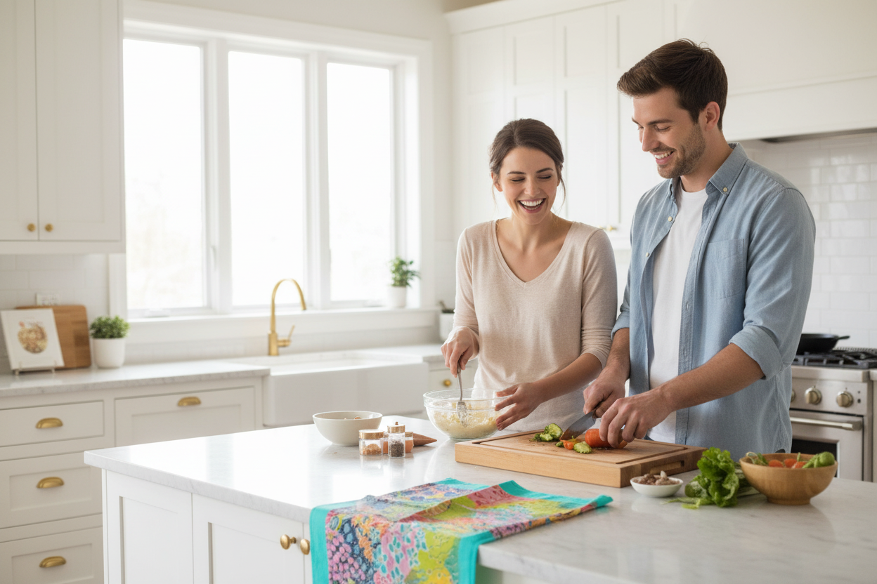 Young couple cooking together with Summer Awakening tea towel