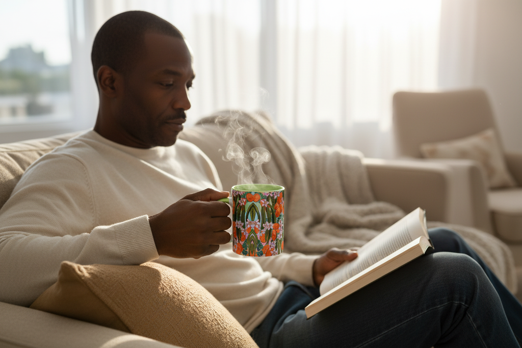 Middle-aged Black man relaxing with tea in Orange Blossom mug