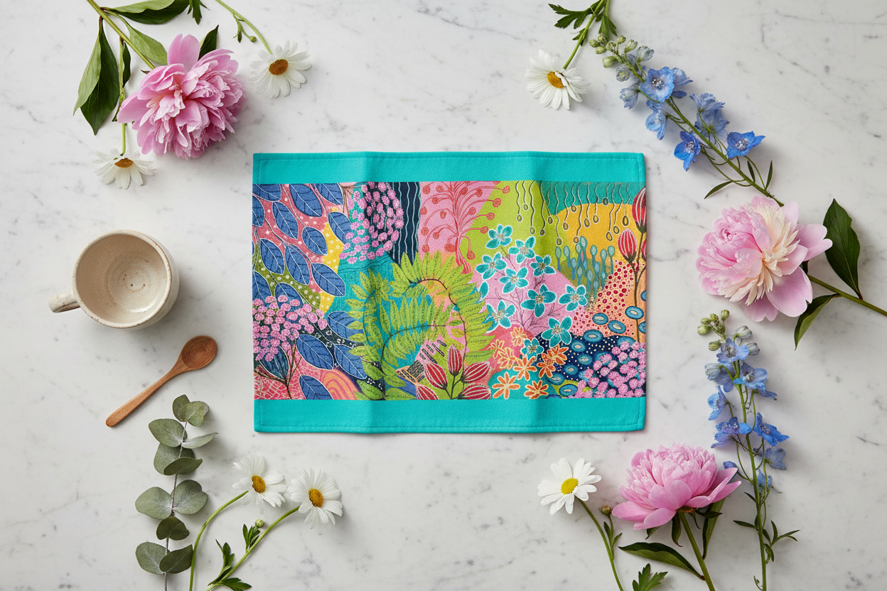 Elegant flat lay with Summer Awakening tea towel and flowers