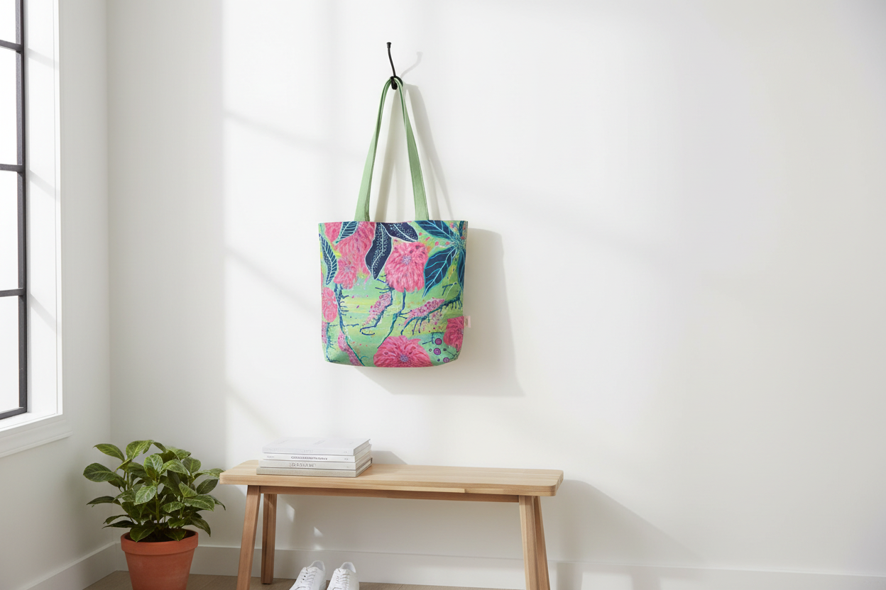 Radiant Dahlia tote hanging in bright entryway