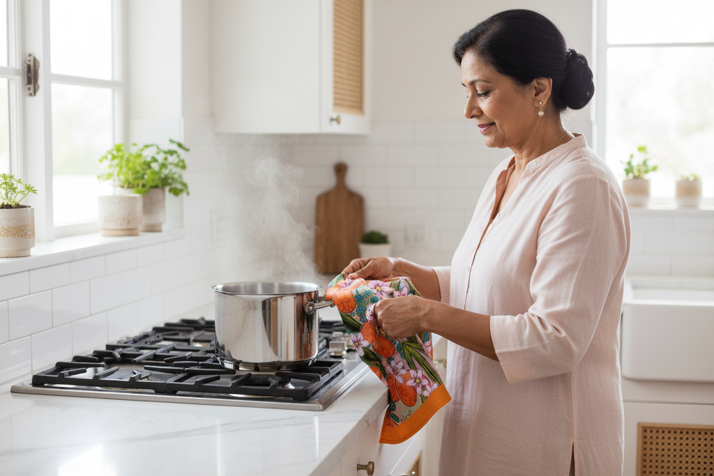 Elderly South Asian woman using Orange Blossom tea towel
