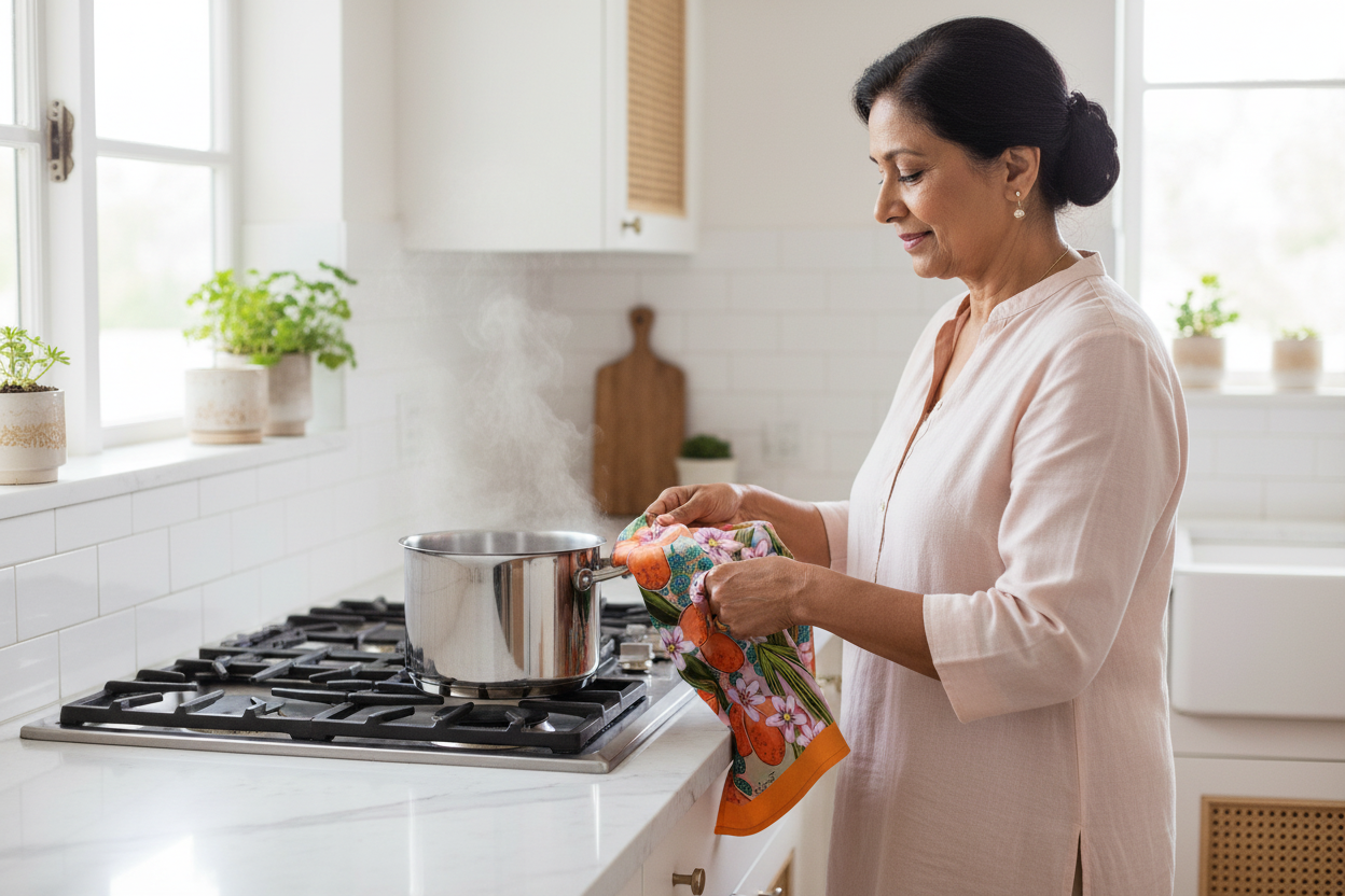 Elderly South Asian woman using Orange Blossom tea towel