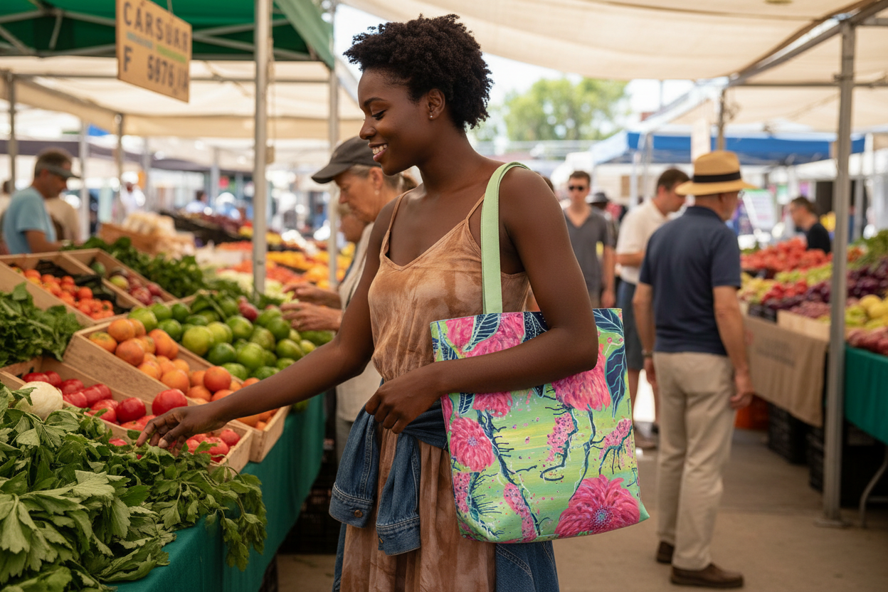 Young Black woman carrying Radiant Dahlia tote at farmers market