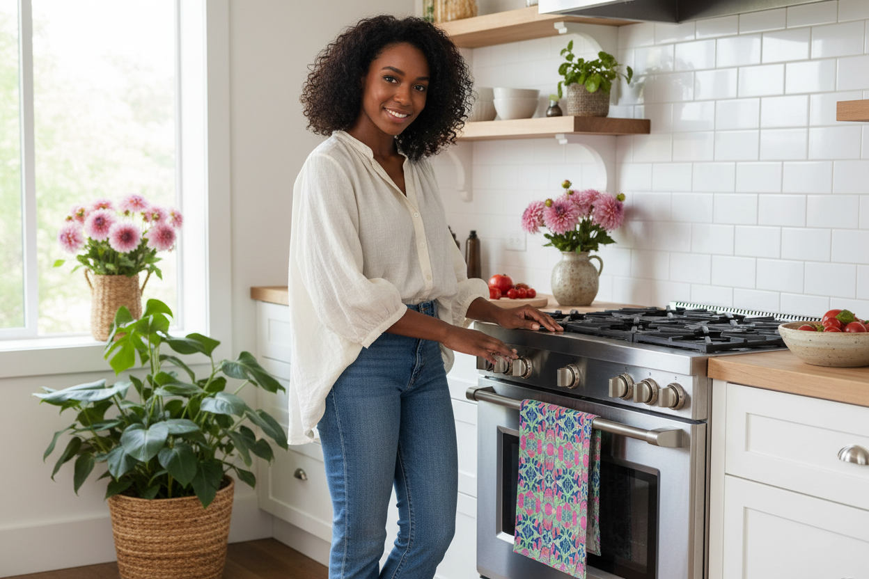 Young Black woman in kitchen with Radiant Dahlia Geometric tea towel
