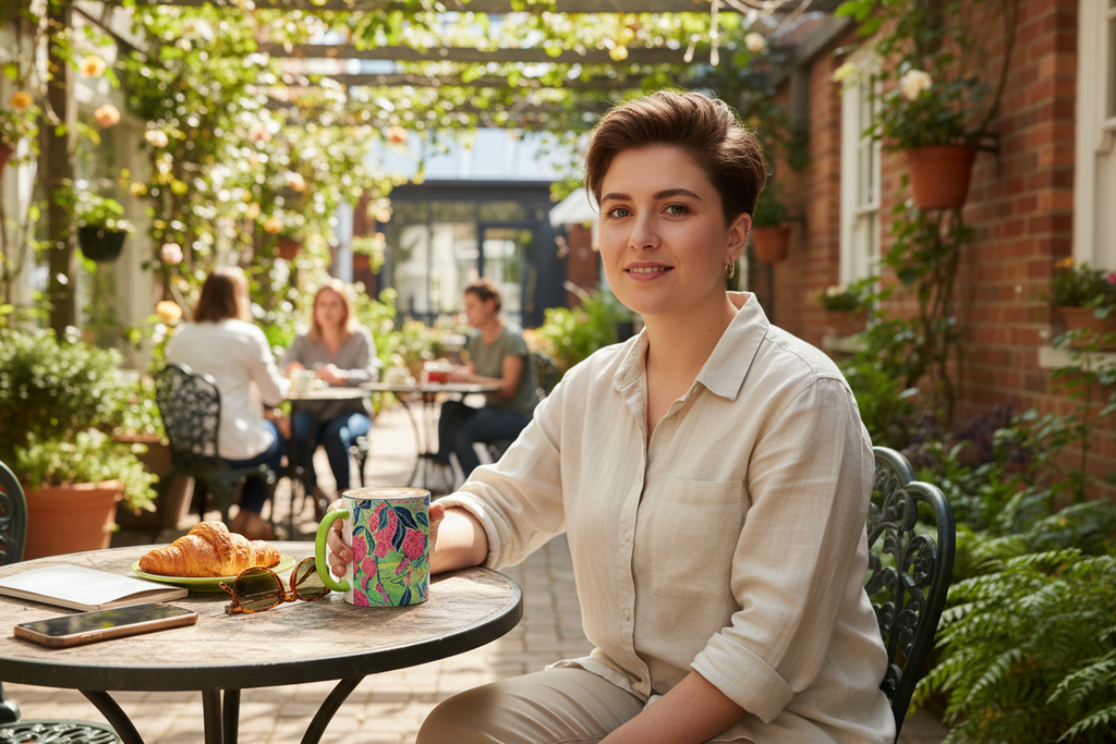 Hispanic non-binary person at outdoor cafe with Radiant Dahlia mug