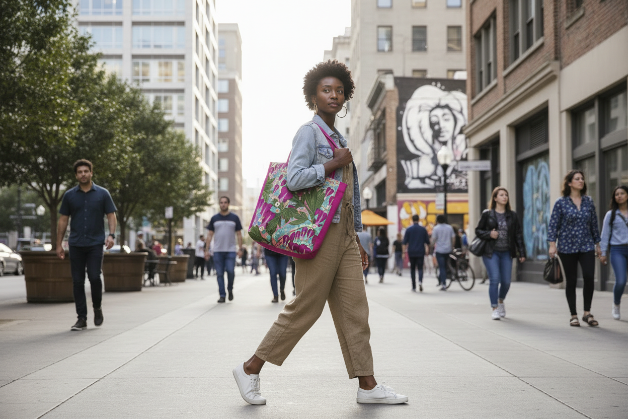 Young Black woman carrying Bleeding Hearts tote in city