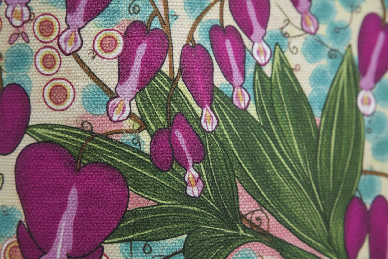 Extreme close-up detail of Bleeding Hearts tote fabric