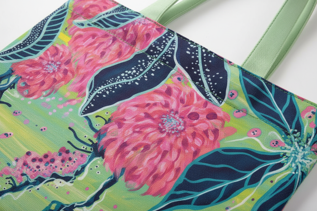 Close-up detail of Radiant Dahlia tote bag pattern