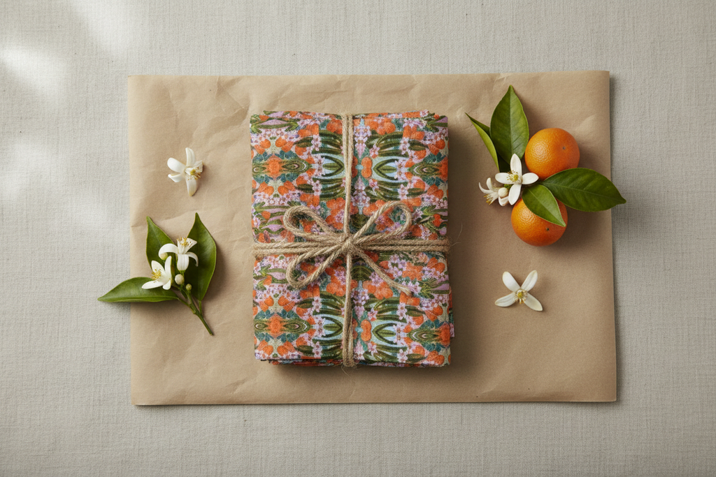 Premium gift presentation with Orange Blossom geometric tea towel