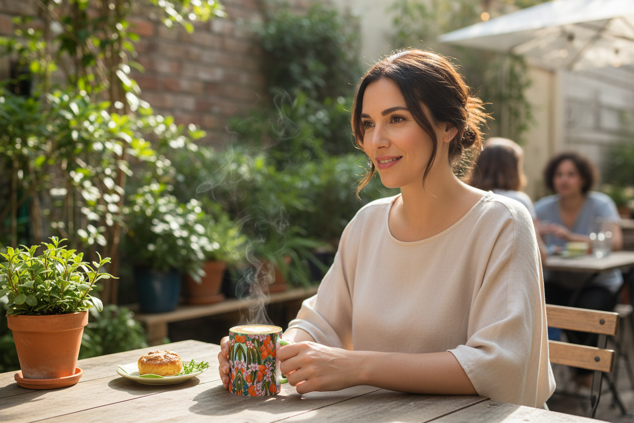 Hispanic woman at outdoor cafe with Orange Blossom mug