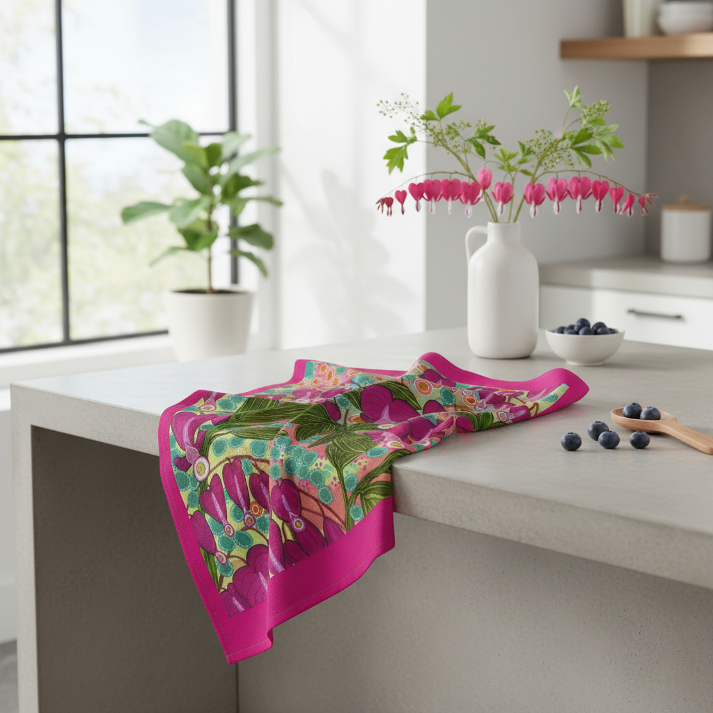 Bleeding Hearts Tea Towel | Botanical Kitchen Linen | UK Made Art Print